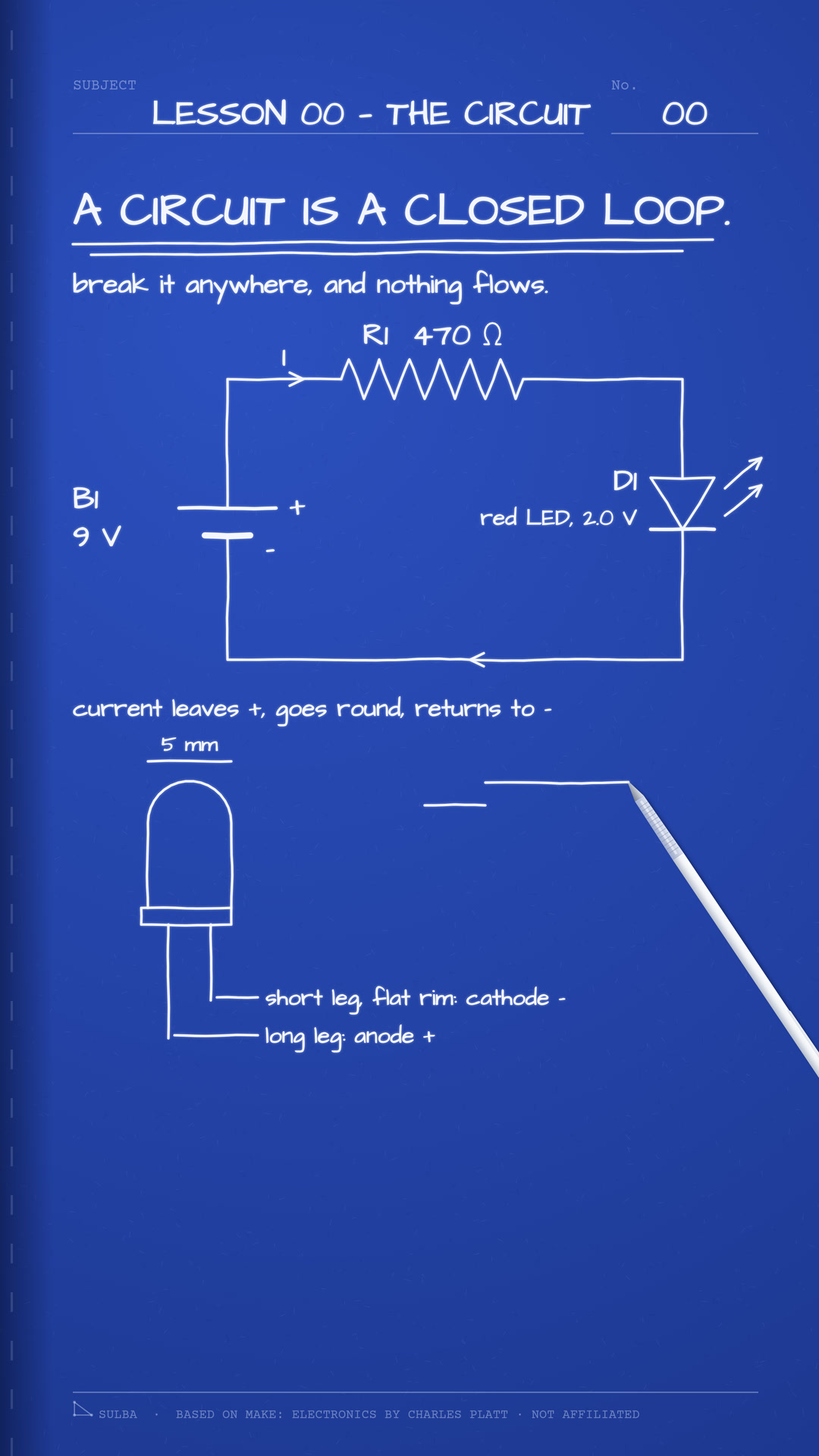 The LED, drawn to scale: the flat on the rim and the shorter leg mark the cathode.